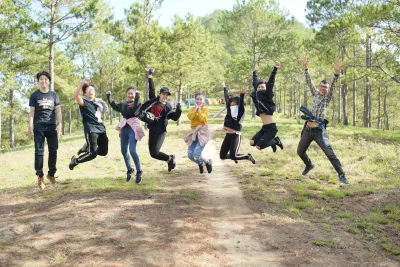 Celebrating in the forest.