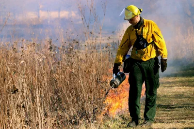 Firefighter performing a controlled burn