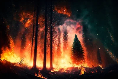 Forest on fire during a wildfire.